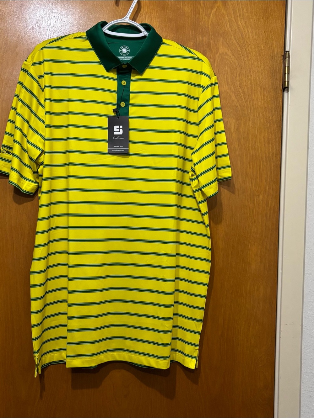 Performance Short-Sleeve Polo in Yellow with Green Stripes